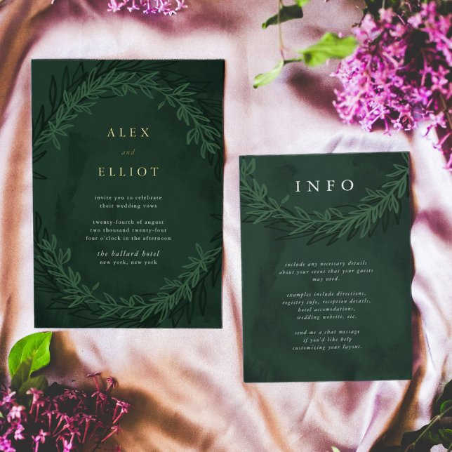 Emerald Grönt Dramatic Bröllop Information OSA Kort (Emerald green botanical wedding additional information enclosure card.)