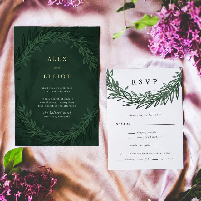Emerald Grönt Dramatic Bröllop Lodrät OSA kort (Emerald green botanical wedding invitation RSVP card.)