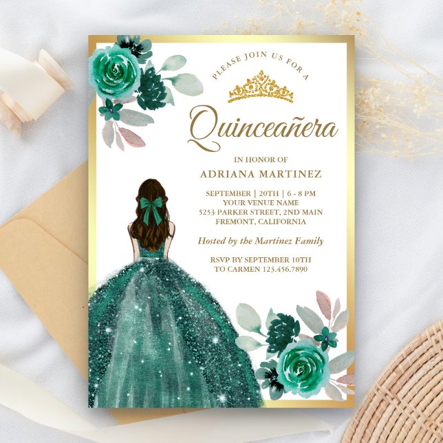 Emerald Grönt Dress Blommigt Guld Quinceanera Inbjudningar (Skapare uppladdad)