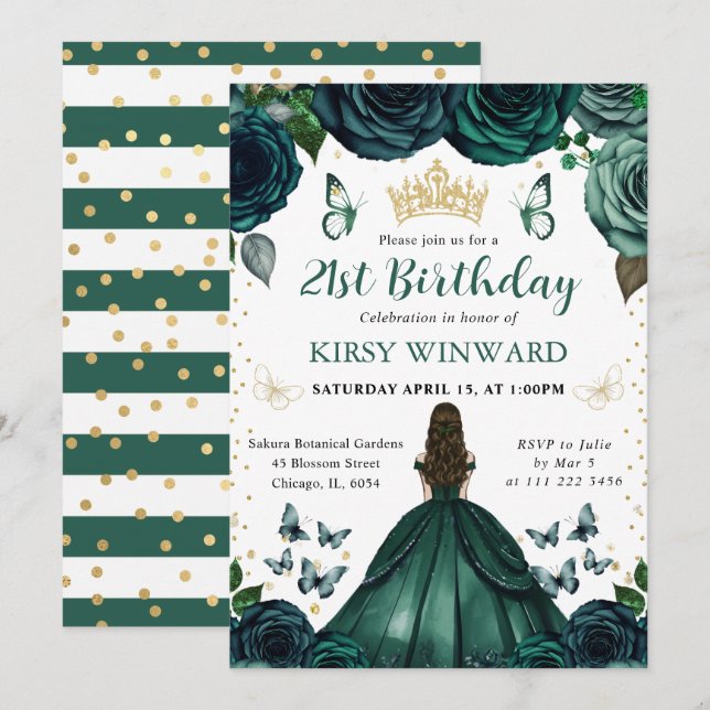 Emerald Grönt Dress Brunette Princess Birthday Inbjudningar (Fram/baksida)