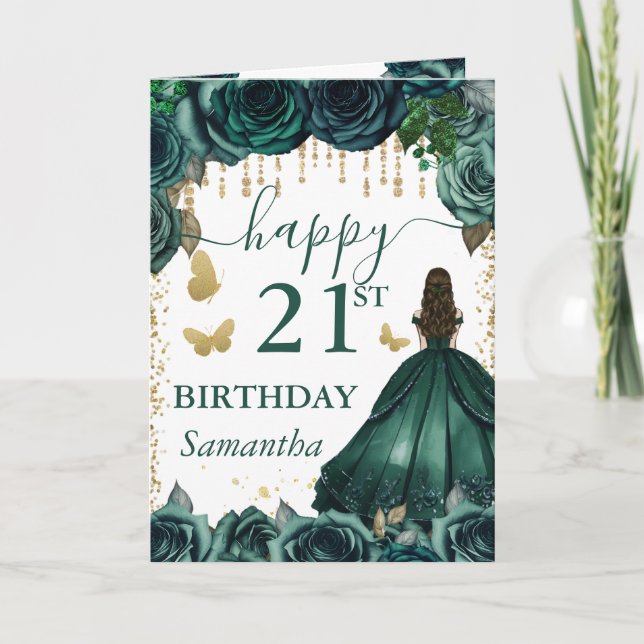 Emerald Grönt Dress Brunette Princess Birthday Kort (Framsida)