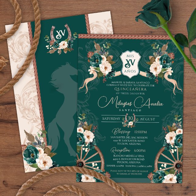 Emerald Grönt Elegant Baroque Charra Quinceañera Inbjudningar (Skapare uppladdad)