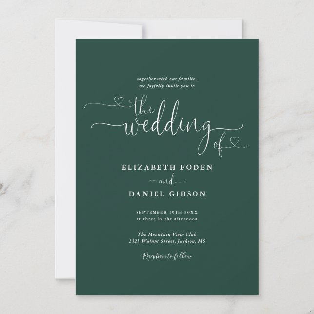 Emerald Grönt Elegant Hearts Calligraphy Bröllop Inbjudningar (Framsida)