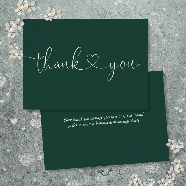 Emerald Grönt Elegant Minimalist Script Heart Tack Kort (Emerald Green Elegant Minimalist Script Heart Thank You Card)