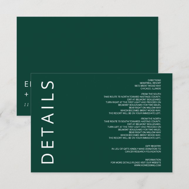 Emerald Grönt Elegant Modern Minimalist Bröllop Tilläggskort (Fram/baksida)