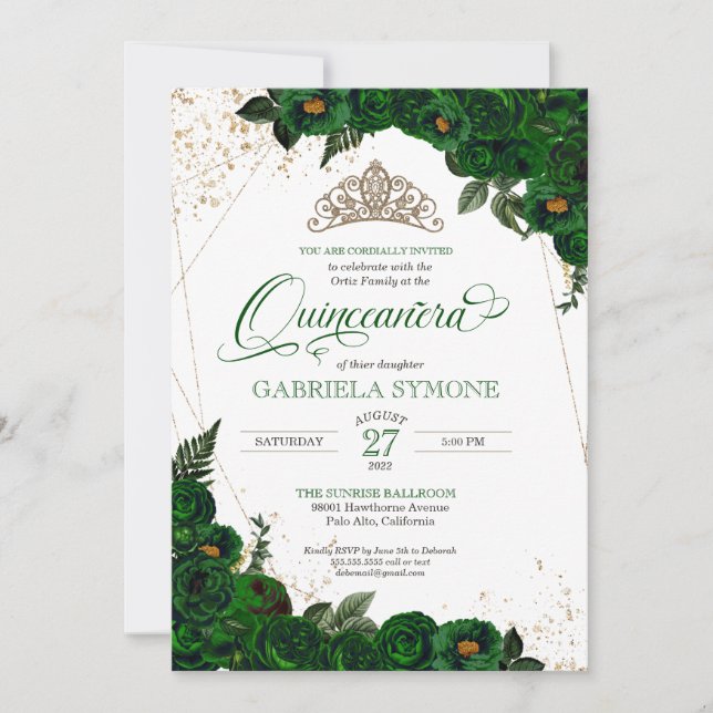 Emerald Grönt Elegant Ro Mis Quince Quinceanera Inbjudningar (Framsida)