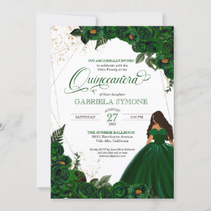 Emerald Grönt Elegant Ro och Gown 2 Quinceanera Inbjudningar