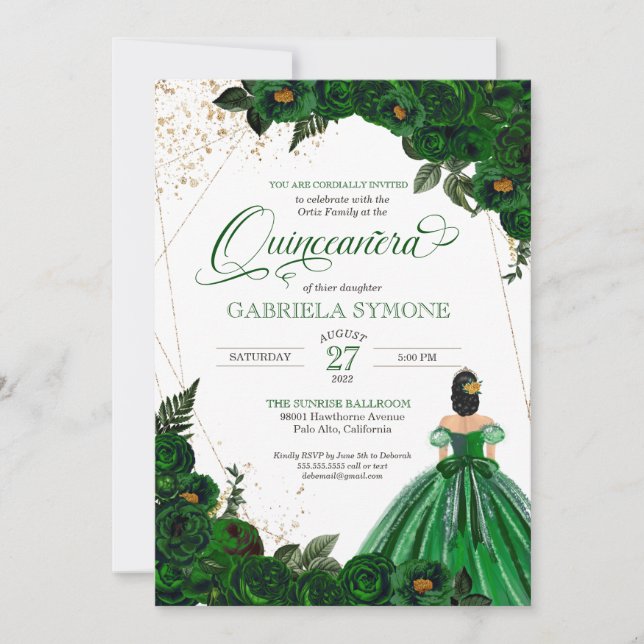 Emerald Grönt Elegant Ro och Gown Quinceanera I Inbjudningar (Framsida)