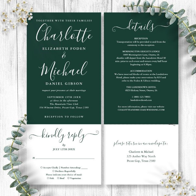 Emerald Grönt Elegant Script allt i ett Bröllop Inbjudningar (Emerald Green Elegant Script All In One Wedding Invitation)