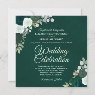 Emerald Grönt Elegant Watercolor Ro Bröllop Inbjudningar
