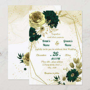 Emerald grönt elfenben guld blommigt geometric brö inbjudningar