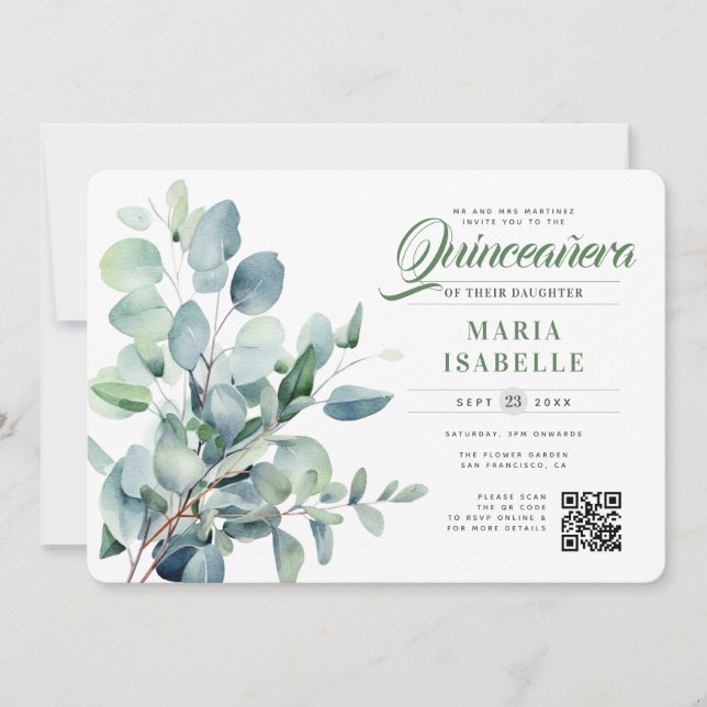 Emerald Grönt Eucalyptus Sage QR-kod Quinceañera Inbjudningar (Framsida)