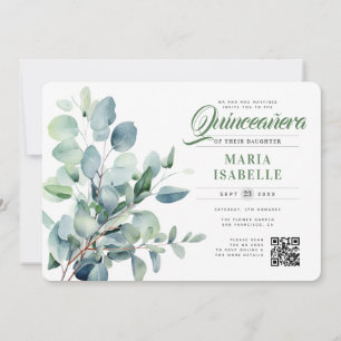Emerald Grönt Eucalyptus Sage QR-kod Quinceañera Inbjudningar