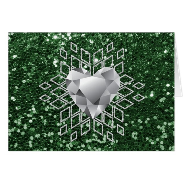 Emerald Grönt Faux Glitter Diamond Heart Snowflake OBS Kort (Framsidan Horizontal)