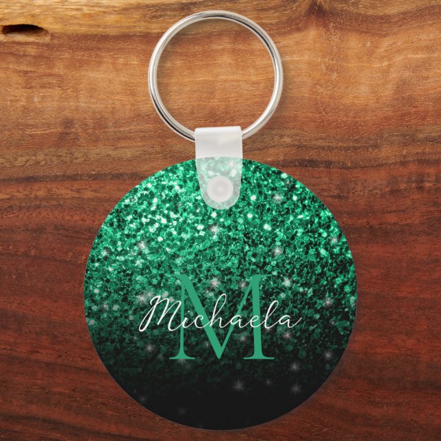 Emerald Grönt faux glitter sparkles bling Monogram Nyckelring (Framsida)