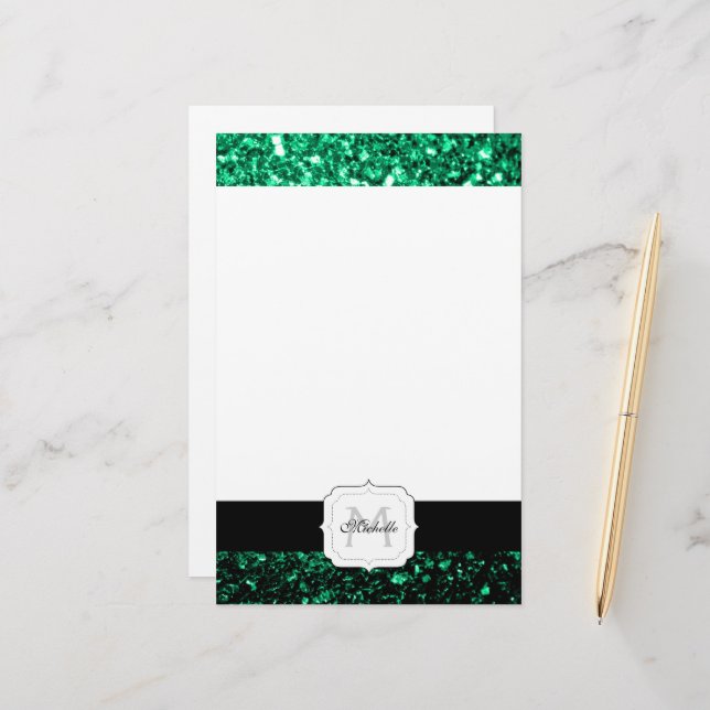 Emerald Grönt faux glitter sparkles Monogram Brevpapper (Fram/Back In Situ)