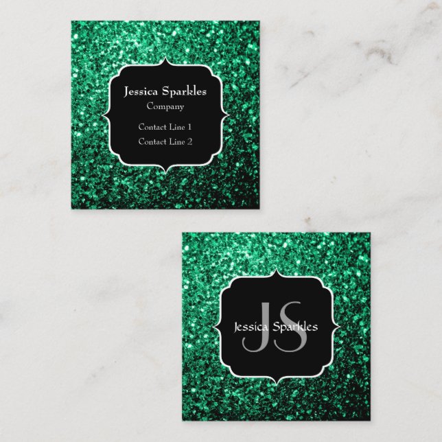 Emerald Grönt faux glitter sparkles Monogram Fyrkantigt Visitkort (Fram/baksida)