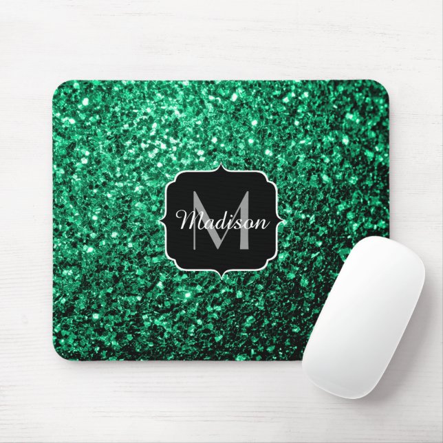 Emerald Grönt faux glitter sparkles Monogram Musmatta (Med mus)