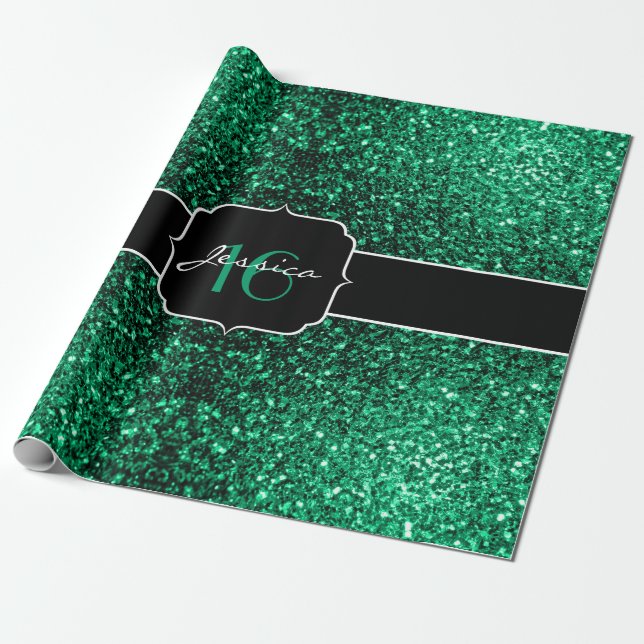 Emerald Grönt faux glitter sparkles Sweet 16 Presentpapper (Utrullad)