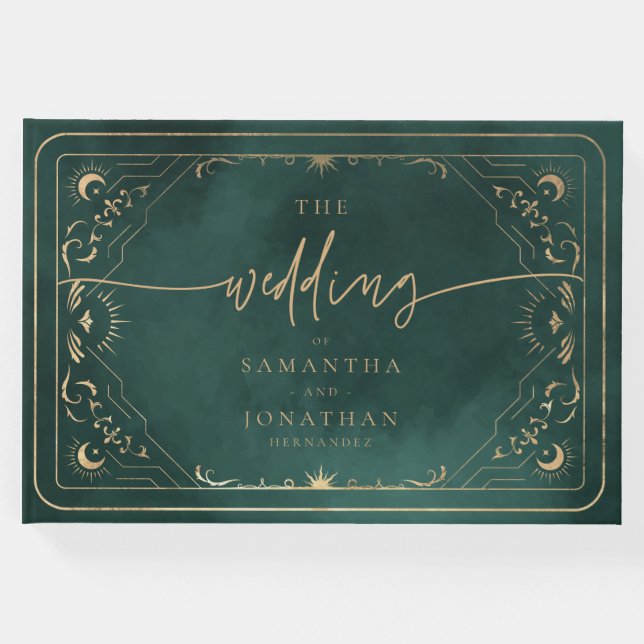 Emerald Grönt & Faux Guld Tarot Celestial Bröllop Gästböcker (Framsida)