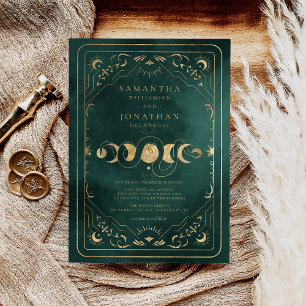Emerald Grönt & Faux Guld Tarot Celestial Bröllop Inbjudningar