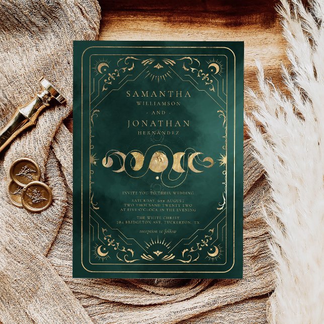 Emerald Grönt & Faux Guld Tarot Celestial Bröllop Inbjudningar (Skapare uppladdad)