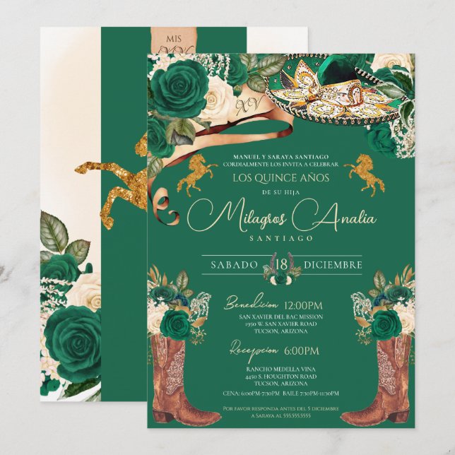 Emerald Grönt Finare Mariachi Charro Quinceanera Inbjudningar (Fram/baksida)