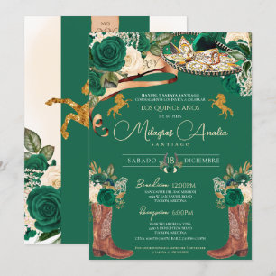 Emerald Grönt Finare Mariachi Charro Quinceanera Inbjudningar