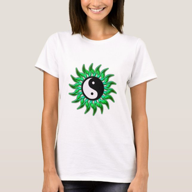 Emerald Grönt Flaming Yin Yang Sol Tee Shirt (Framsida)