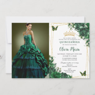 Emerald Grönt Flowers Blommigt Quinceañera Bild Inbjudningar