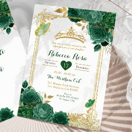 Emerald Grönt Flowers Guld Royal Quinceañera Inbjudningar