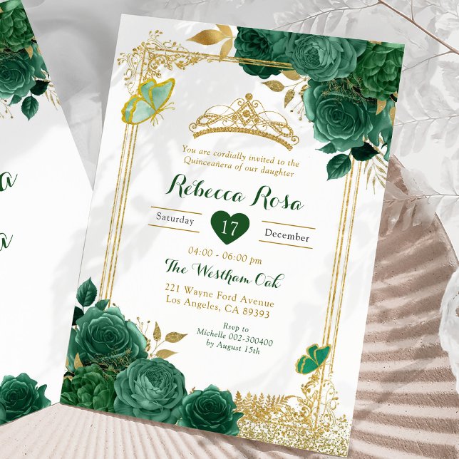 Emerald Grönt Flowers Guld Royal Quinceañera Inbjudningar (Skapare uppladdad)