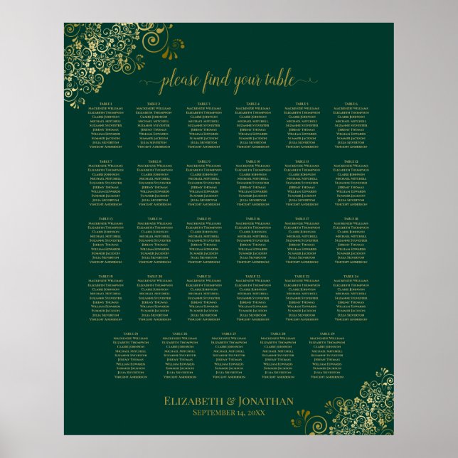 Emerald Grönt för sätesschemat guld 29 Bord Bröllo Poster (Framsidan)