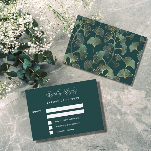 Emerald grönt ginkgo löv bröllop ResponsOSA   Anteckningskort (Skapare uppladdad)