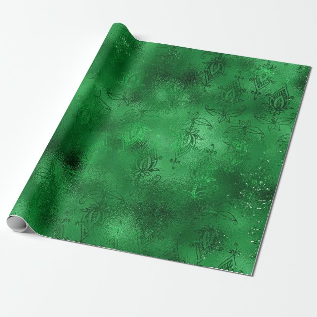Emerald Grönt Glam Damask Pattern Presentpapper (Utrullad)