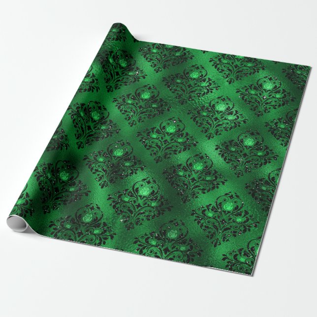 Emerald Grönt Glam Damask Ro Mönster Presentpapper (Utrullad)