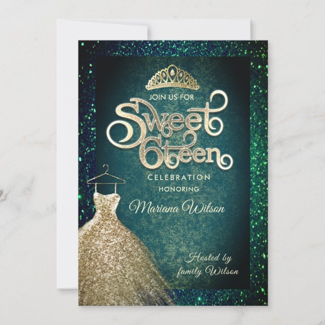 Emerald Grönt glitter Guld dress tiara Sweet 16 Inbjudningar (Framsida)