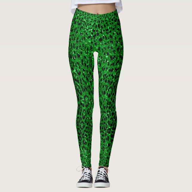 Emerald Grönt Glitter Leopard Mönster Leggings (Framsida)