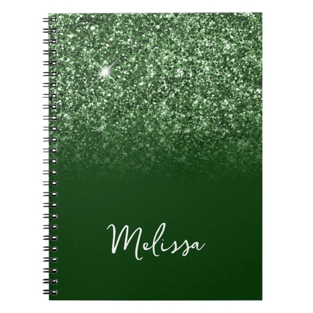 Emerald Grönt Glitter Ombre Script Namn Anteckningsbok (Framsidan)