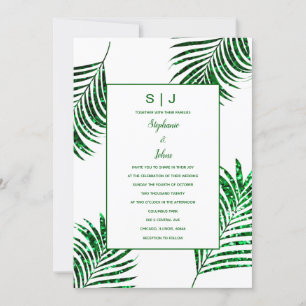 Emerald Grönt Glitter Tropical Handflatan Löv Bröl Inbjudningar