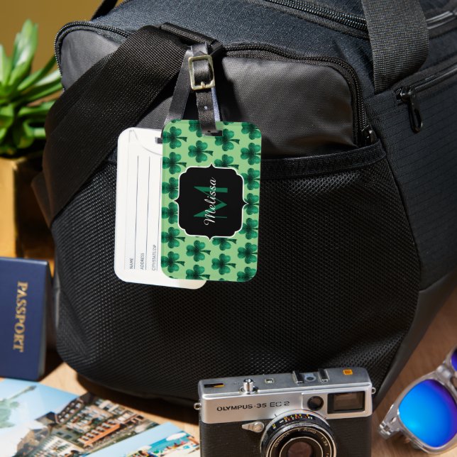 Emerald Grönt Gnistra Shamrock anpassningsbar Mono Bagagebricka (Framsida & Baksida)