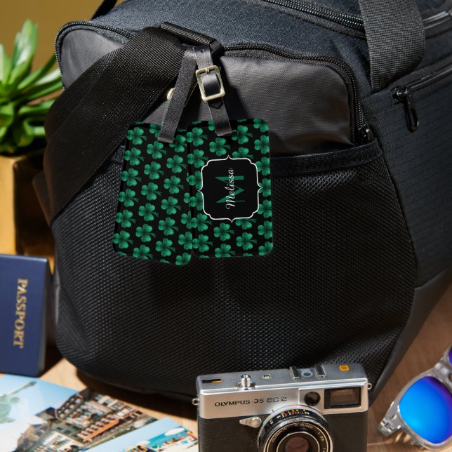 Emerald Grönt Gnistra Shamrock Black Monogram Bagagebricka (Fram & Baksida)