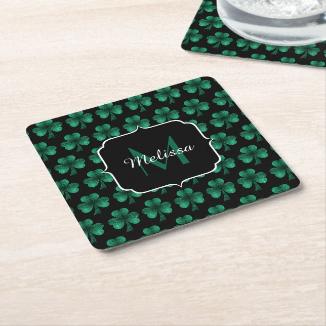 Emerald Grönt Gnistra Shamrock Black Monogram Underlägg Papper Kvadrat (Vinklad)