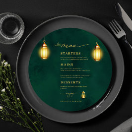 Emerald Grönt Golden Light Round Bröllop Menu Card Inbjudningar