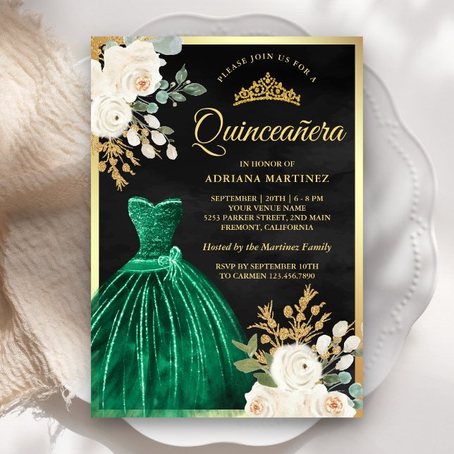 Emerald Grönt Gown Blommigt Black Guld Quinceanera Inbjudningar (Skapare uppladdad)