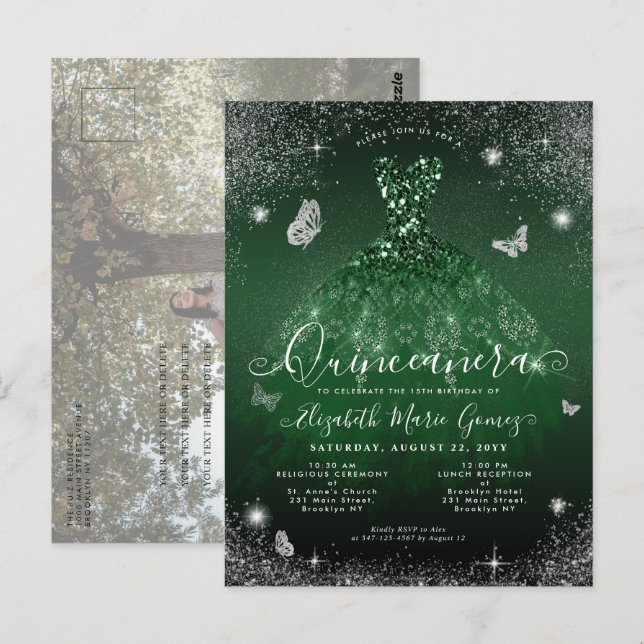 Emerald Grönt Gown Silver Photo Quinceanera Vykort (Fram/baksida)