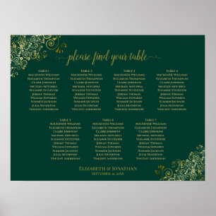 Emerald Grönt & Guld 7 Bord Bröllop sätesdiagram Poster
