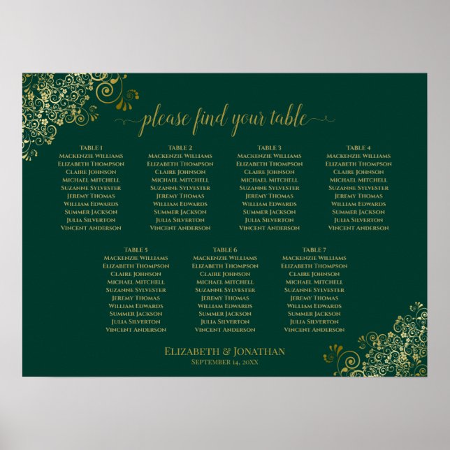 Emerald Grönt & Guld 7 Bord Bröllop sätesdiagram Poster (Framsidan)