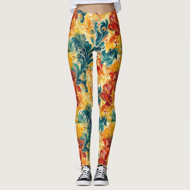 Emerald Grönt & Guld Abstrakt Paisley Löv (3) Leggings (Framsida)