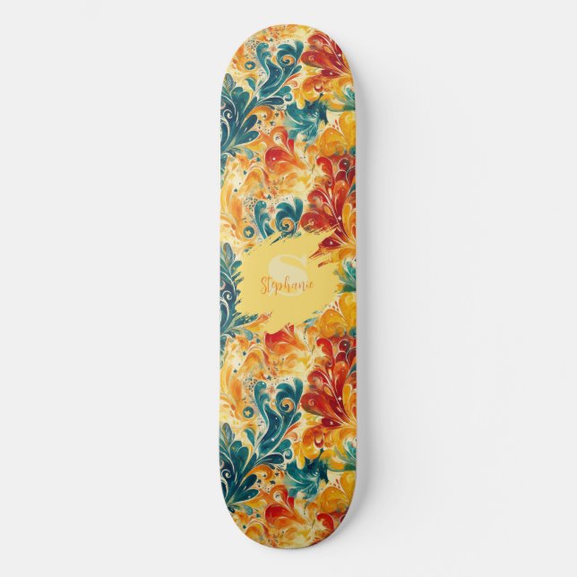Emerald Grönt & Guld Abstrakt Paisley Löv (3) Mini Skateboard Bräda 18,5 Cm (Framsida)